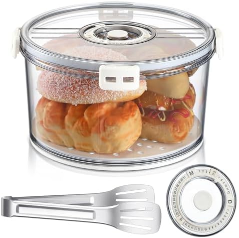 1 Pcs Caja de Pan Hermética con Pinzas de Acero Inoxidable para Pan, Contenedor Redondo de Almacenamiento de Pan Casero de 8.86 Pulgadas, Conservador de Pan con Registro de Tiempo para Pan Casero, Bagels, Galletas, Tostadas y Cupcakes.  | Cajas de pan Cajas de pan Cajas de pan