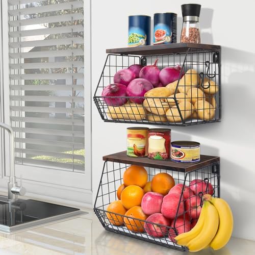 2 Piezas de Canasta de Frutas, Canasta de Almacenamiento para Cocina con Tapa de Madera, Canasta de Pared Apilable para Frutas, Organizador de Encimera para Snacks, Frutas y Verduras, 11.8 x 7.9 x 8.5 Pulgadas  | Cestas de cocina colgantes Cestas de cocina colgantes Cestas de cocina colgantes