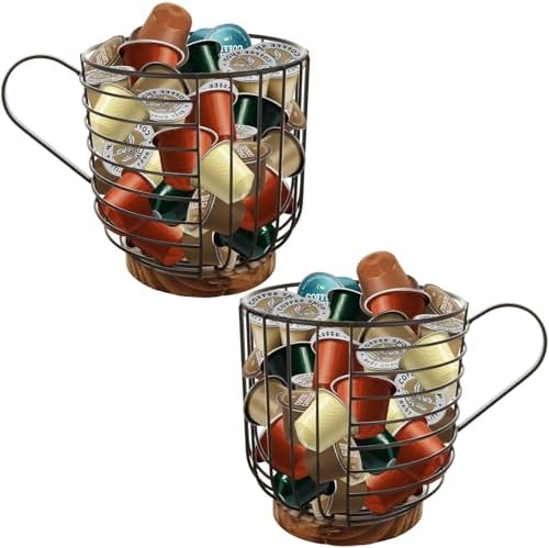 2 Piezas Soporte para Cápsulas de Café, Almacenamiento de Alambre Negro de Gran Capacidad con Base de Madera, Organizador de Cápsulas de Café con Mango, Decoración Moderna de Cesta para Café para Encimera de Cocina  | Soportes para cápsulas de café Soportes para cápsulas de café Soportes para cápsulas de café