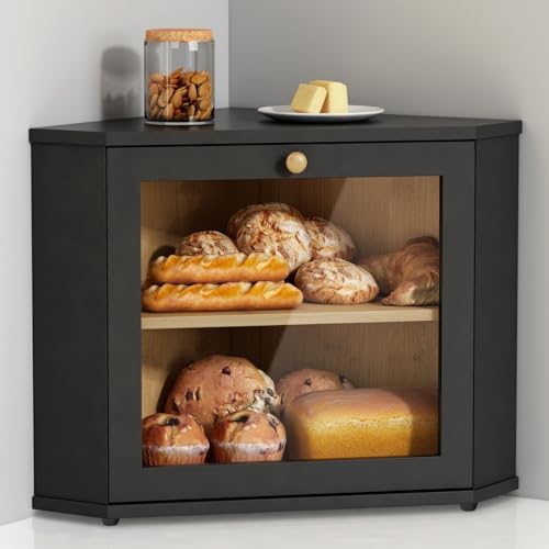 Caja de pan de esquina para encimera de cocina, contenedor negro para almacenar pan casero, panera de dos capas para montar debajo del gabinete, gran soporte para pan para la encimera de la cocina, estante de despensa.  | Cajas de pan Cajas de pan Cajas de pan