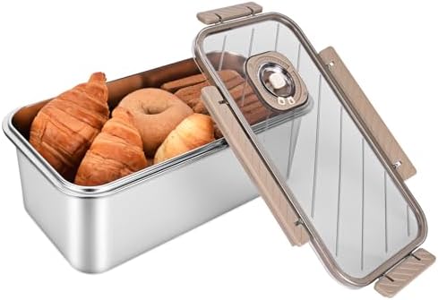 Caja de pan horneable de acero inoxidable de 34 cm para encimera de cocina, contenedor de almacenamiento de pan con registro de tiempo y tapa hermética, conservador de pan para pan casero, bollos, bagels y pasteles, marrón.  | Cajas de pan Cajas de pan Cajas de pan