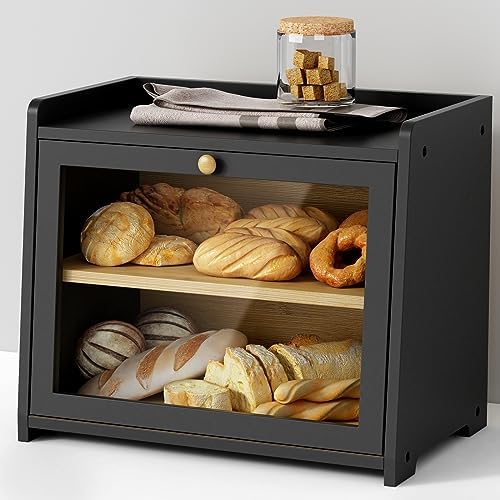 Caja de Pan Negra para Encimera de Cocina, Contenedor Grande de Almacenamiento de Pan para Pan Casero, Organizador de Panera de Madera Estilo Granja para Esquina de Encimera de Cocina, Armario, Despensa, Alacena (Negro)  | Cajas de pan Cajas de pan Cajas de pan