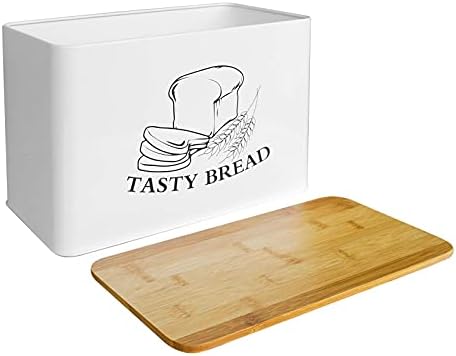 Caja de pan para encimera de cocina con tapa de bambú y tabla de cortar, caja de pan blanca de metal estilo granja, contenedor de almacenamiento de pan, gran caja de pan, decoración de cocina.  | Cajas de pan Cajas de pan Cajas de pan