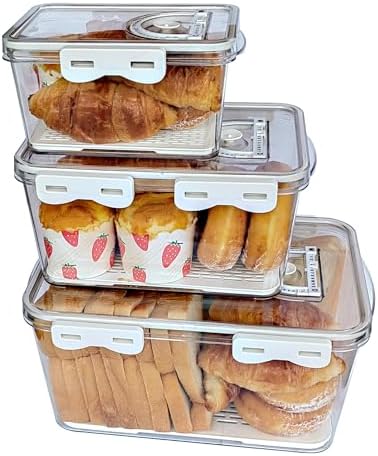 Caja de pan para pan casero, set de 3 piezas, contenedor de almacenamiento de pan, mantenedor de pan hermético, contenedor para grabar el tiempo, ideal para pan de molde, bagels, donuts y galletas (blanco)  | Cajas de pan Cajas de pan Cajas de pan