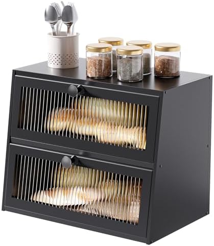 Cajas de Pan para Encimera de Cocina Almacenamiento de Pan Hermético Contenedor de Pan Grande Caja de Pan de Madera Estilo Granja con Ventana (Negro)  | Cajas de pan Cajas de pan Cajas de pan