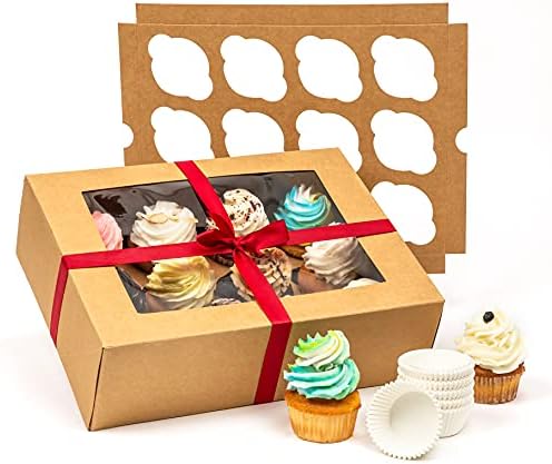 Cajas para Cupcakes 12 Unidades: Contenedores Desechables para Cupcakes 12 Unidades, Soporte para Cupcakes con Tapa, Transportador de Cupcakes, Cajas de Pastelería con Ventana, Cajas de Pasteles, Cajas Marrones para Galletas con Ventana, Cajas Largas para Dulces.  | Transportadores de cupcakes Transportadores de cupcakes Transportadores de cupcakes