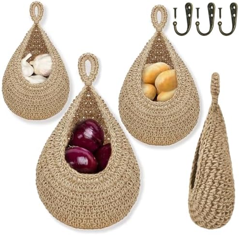 Cesta Colgante de Frutas para Cocina, Cestas Colgantes de Yute Boho para Organizar, Cestas Colgantes de Pared para Frutas y Verduras, Cestas de Cocina Colgantes Decorativas Hechas a Mano para Patatas, Cebollas y Ajo.  | Cestas de cocina colgantes Cestas de cocina colgantes Cestas de cocina colgantes