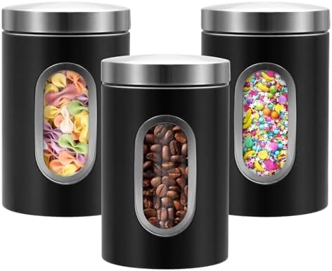 Conjuntos de tarros para la cocina, 3 piezas de tarros de almacenamiento para azúcar, harina, té y café, organizador de contenedores de alimentos de acero inoxidable para el mostrador de la cocina con ventana transparente (negro)  | Frascos y tarros de comida Frascos y tarros de comida Frascos y tarros de comida