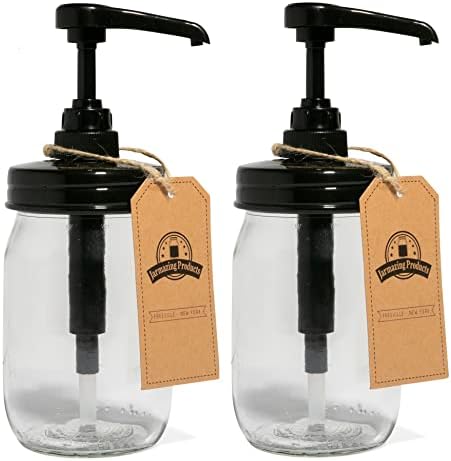 Dispensador de jarra de cristal – Set de 2 – Jarras lisas de 16 oz con bombas a prueba de óxido, a prueba de fugas y de grado alimenticio para miel, jarabes, condimentos, aderezos para ensaladas y más.  | Dispensadores de comida Dispensadores de comida Dispensadores de comida