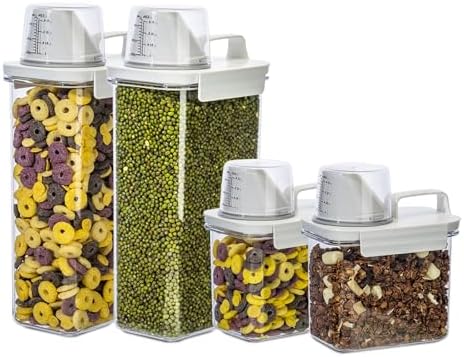 Juego de Contenedores para Almacenamiento de Cereales (Tazas Medidoras) Material de Plástico PET Libre de BPA, Reutilizable, Organizador de Despensa, Contenedores de Porciones de Alimentos (Juego de 4, 2 Grandes, 2 Pequeños)  | Dispensadores de comida Dispensadores de comida Dispensadores de comida