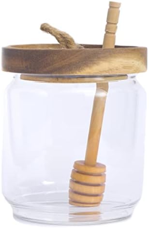 Juego de dispensador de tarro de miel de vidrio con soporte, varita de madera y tapa de acacia para cocina y hogar, recipiente de vidrio moderno y transparente para almacenamiento de jarabe de miel, regalo, tarro de miel y dosificador (14 oz)  | Dispensadores de jarabe y miel Dispensadores de jarabe y miel Dispensadores de jarabe y miel