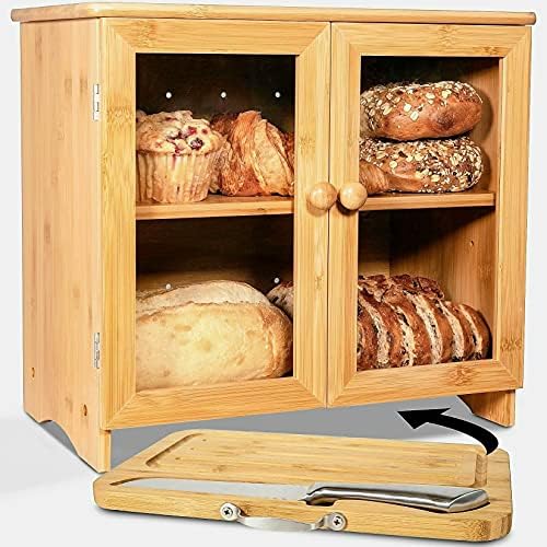 Luvurkitchen Gran Caja de Pan de Madera para Encimera de Cocina, Incluye Tabla de Cortar de Bambú Grueso y Cuchillo de Pan de Acero Inoxidable. Caja de Pan de Bambú Rústica con Estante Ajustable. (Fácil Autoensamblaje)  | Cajas de pan Cajas de pan Cajas de pan