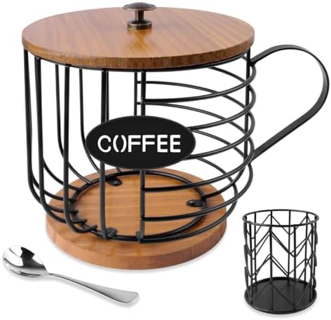 Soporte para Cápsulas de Café con Tapa de Madera, Almacenamiento de Gran Capacidad para K Cups con Base de Madera, Filtro de Café de Alambre Negro con Canasta y Cucharita para Cápsulas de Keurig Kcups y Espresso, Cocina y Oficina  | Soportes para cápsulas de café Soportes para cápsulas de café Soportes para cápsulas de café