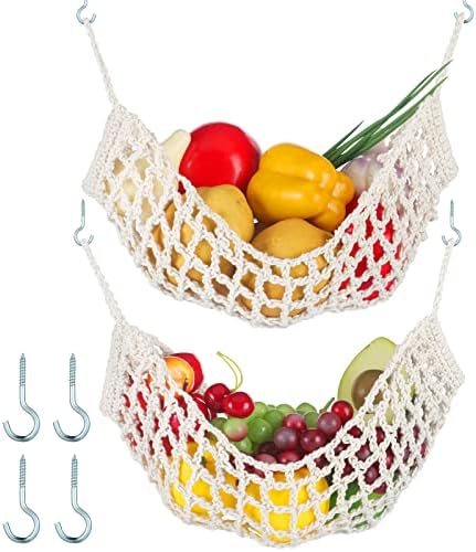 2 Piezas de Hamaca de Frutas de Macramé de 11.8 X 2 Pulgadas para Cocina, Cestas de Frutas Colgantes Bajo el Gabinete, Bolsa Decorativa de Frutas de Algodón Tejida a Mano con 4 Ganchos para Hogar, Barco, RV y Verduras (Estilo Rústico)  | Cestas de cocina colgantes Cestas de cocina colgantes Cestas de cocina colgantes