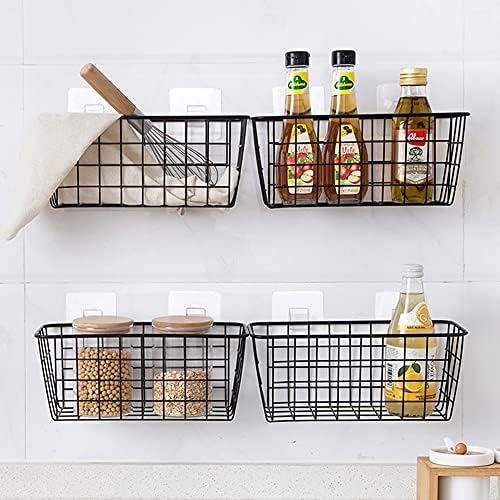 Cesta de Alambre Metálico Colgante con Ganchos para Almacenamiento, Bawuie Pack de 4 Soportes de Pared para Montar en la Puerta, Organizador Resistente, Decoración Rústica de Granja para el Hogar, Contenedor para Gabinetes de Cocina, Despensa, Baño, Dormitorio y Oficina, Negro  | Cestas de cocina colgantes Cestas de cocina colgantes Cestas de cocina colgantes