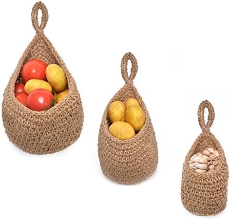 Cestas Colgantes de Verduras y Frutas, Cesta Colgante de Yute Boho para Alacena, Almacenamiento de Patatas, Ajo, Cebolla y Frutas, Organizador Decorativo de Cocina Hecho a Mano y Soporte de Jardín Vertical (Un Juego)  | Cestas de cocina colgantes Cestas de cocina colgantes Cestas de cocina colgantes