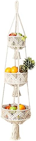 Cesta Colgante de 3 Niveles para Frutas en la Cocina, Cesta de Macramé para Almacenamiento de Frutas y Verduras, Cestas de Pared Boho para Organizar, Decoración Boho para Plantas de Interior, 46 Pulgadas de Largo  | Cestas de cocina colgantes Cestas de cocina colgantes Cestas de cocina colgantes