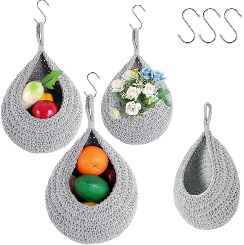 Cesta Colgante de Pared – Cestas Colgantes para Frutas en la Cocina, Paquete de 3 Cestas Boho Colgantes para Almacenamiento de Frutas, Verduras, Papas y Cebollas, Cestas de Pared en Forma de Gota, Cestas Colgantes Tejidas a Mano para Organizar – Gris  | Cestas de cocina colgantes Cestas de cocina colgantes Cestas de cocina colgantes