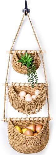 Cesta de frutas colgante de 3 niveles, cestas de frutas y verduras colgantes de pared, cestas de almacenamiento de algodón tejidas para organizar, decoración de cestas de pared estilo boho, organizador sobre la puerta para cocina, dormitorio, baño.  | Cestas de cocina colgantes Cestas de cocina colgantes Cestas de cocina colgantes