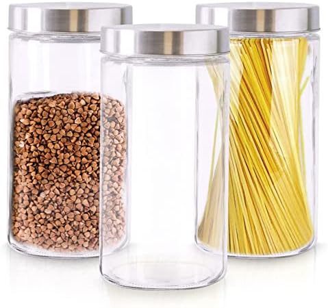 Tarros de Almacenamiento de Vidrio Grandes – Set de 3 Contenedores Redondos para Encimera de Cocina – Tapas Selladas para Mayor Frescura – Elegantes y Modernos de 1 Pulgada de Altura  | Frascos y tarros de comida Frascos y tarros de comida Frascos y tarros de comida