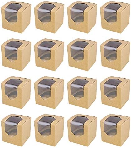 Cajas de Mini Cupcakes Paquete a Granel de 100 – Contenedores Desechables de Cupcakes Kraft Marrón con Ventana – Caja de Cartón Individual para Muffins con Inserciones para San Valentín  | Transportadores de cupcakes Transportadores de cupcakes Transportadores de cupcakes