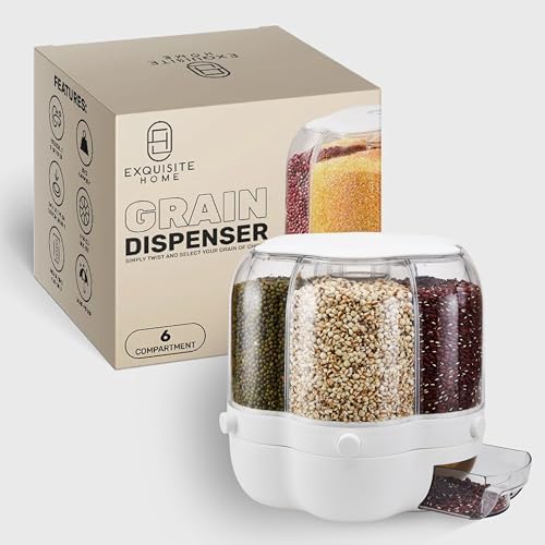 Dispensador de Comida Seca de 18 Libras con 6 Compartimentos – Contenedor de Arroz con Rotación de 36° – Contenedor de Almacenamiento para la Despensa – Dispensador de Cereal, Lentejas y Granos – Organización y Almacenamiento para la Despensa  | Dispensadores de comida Dispensadores de comida Dispensadores de comida