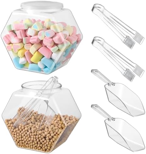 2 Juegos de Tarros de Plástico para Dulces Buffet, Tarros Hexagonales Transparentes con Tapa, Cucharas para Dulces, Pinzas de Plástico, Contenedores de Boca Ancha para Dulces, Ideal para Exhibición en Mesa de Cocina y Fiestas (73 Oz)  | Tarros de galletas Tarros de galletas Tarros de galletas