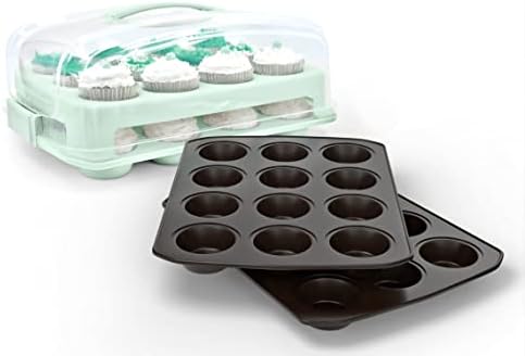 Transportador de Cupcakes con Dos Moldes para Muffins/Molde para Cupcakes. Elegante Transportador de Cupcakes con Asa. Capacidad para 24 Cupcakes. Molde para Muffins que Acepta 12 Cupcakes. Bandeja para Cupcakes Antiadherente para Hornear (Verde).  | Transportadores de cupcakes Transportadores de cupcakes Transportadores de cupcakes