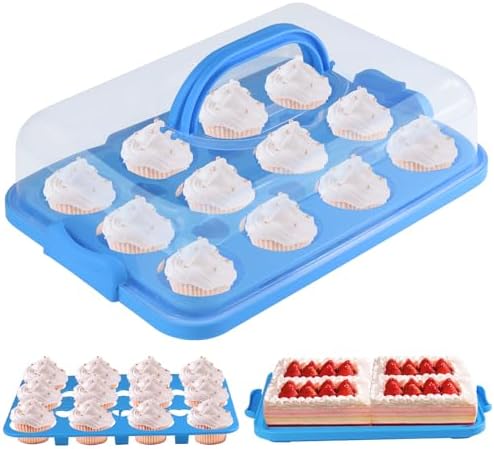 Transportador de Pasteles con Tapa, Contenedor para Pasteles y Cupcakes para 12 Cupcakes, Contenedor Portátil 2 en 1 para Postres, Pasteles, Muffins y Cobbler (Azul)  | Transportadores de cupcakes Transportadores de cupcakes Transportadores de cupcakes